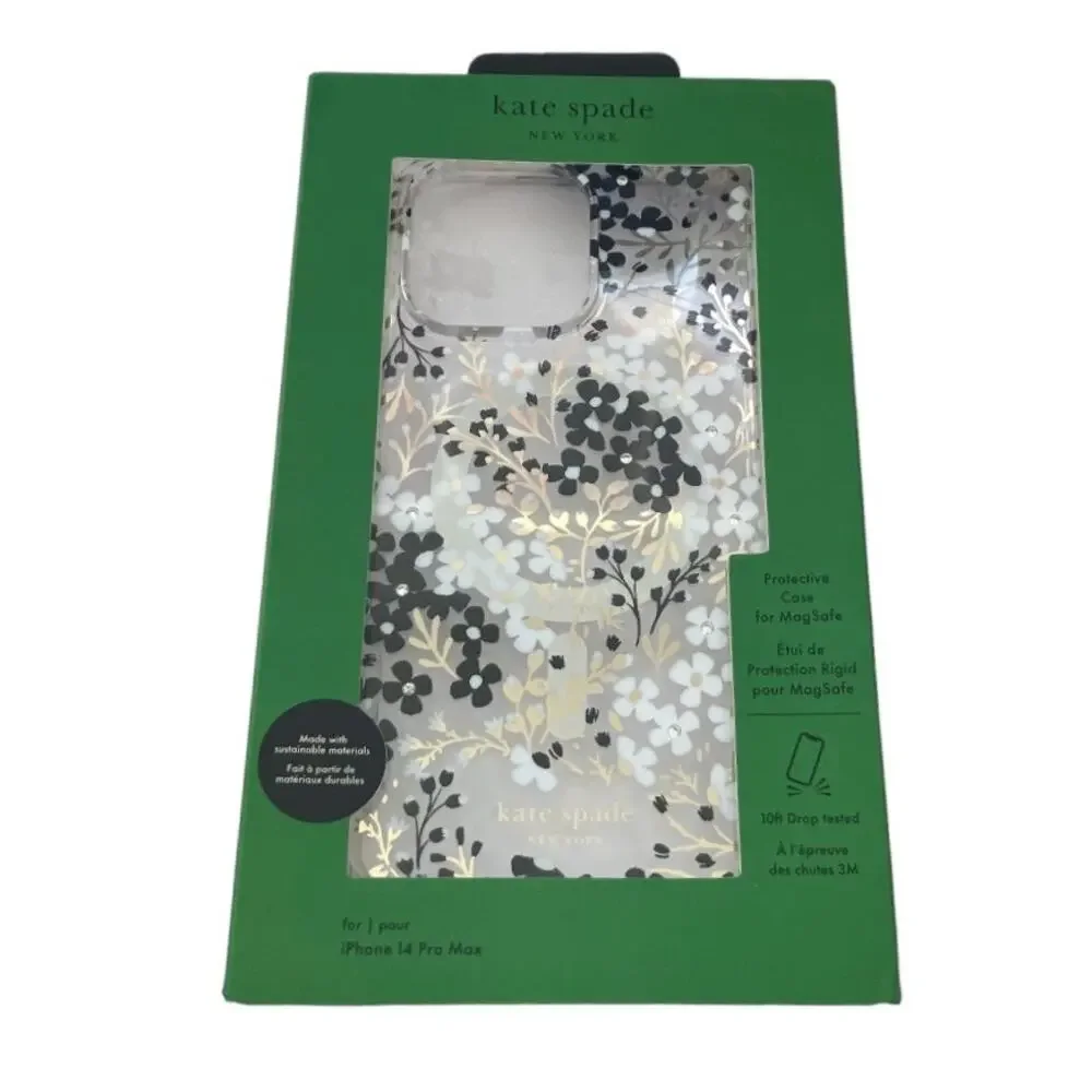 New Kate Spade iPhone 14 Pro Max Black Gold White Phone Case